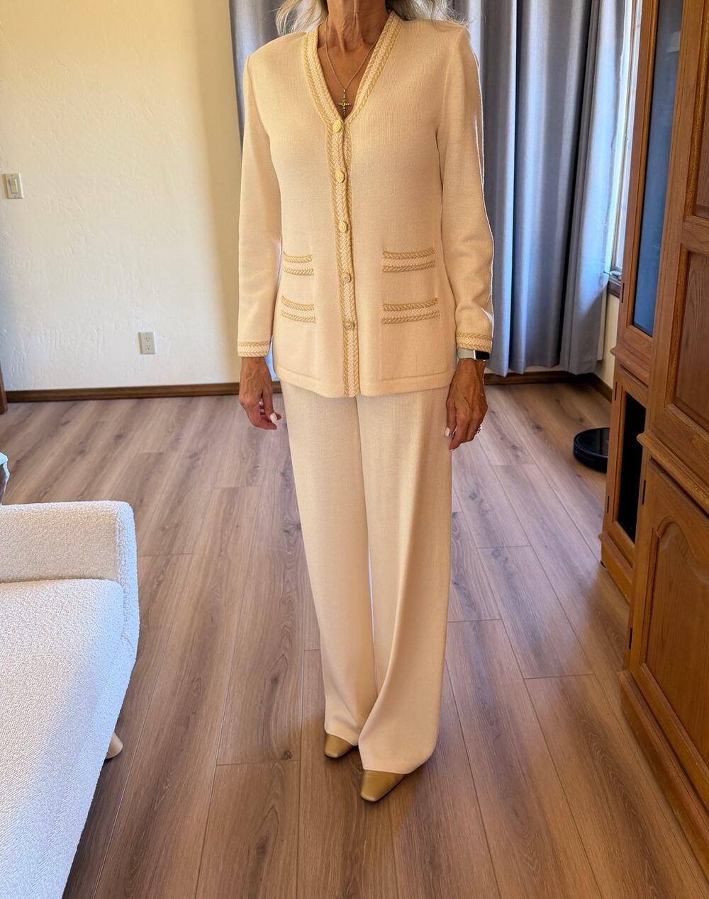 Vintage St. John Collection by Marie Gray Knit Suit Set — Ivory & Gold, Size 4